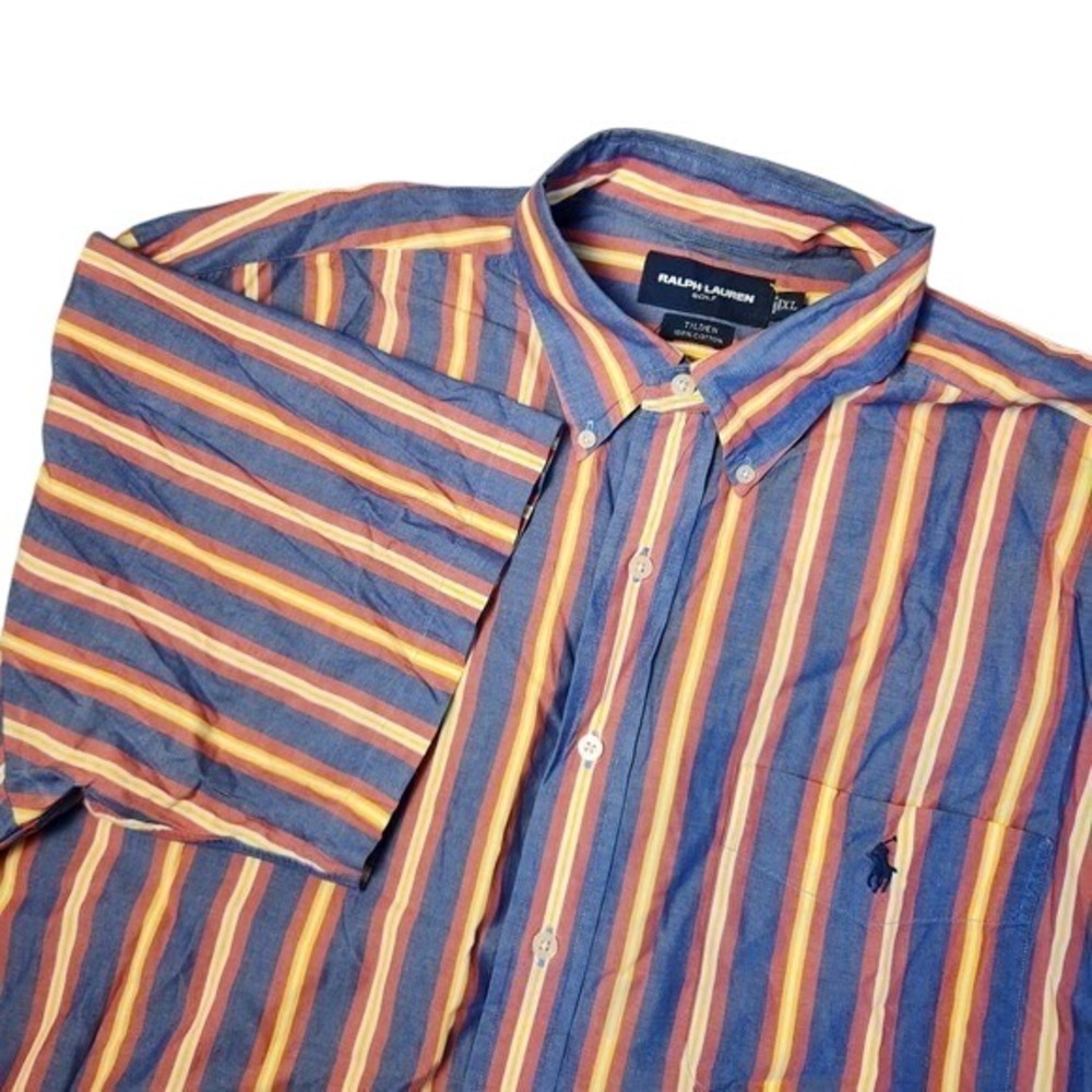 Ralph Lauren Button Down Mens XL Blue Red Striped Golf Tilden Short Sleeve Shirt